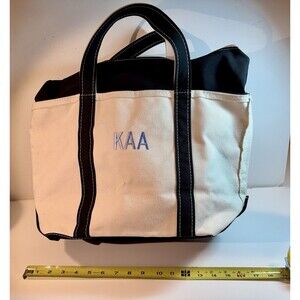 LL Bean Boat and Tote Bag Black Zipper Top Canvas Large Made in USA Two Tone